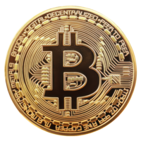Golden bitcoin coin displayed against a clean transparent background, symbolizing digital currency and investment trends, Big golden bitcoin transparent background png