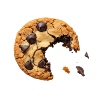 Bitten chocolate chip cookie isolated on a transparent background showcasing rich textures and baked perfection, Bitten Cookie with Chocolate Chips isolated on transparent background png