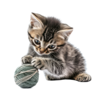 A playful kitten enjoys playing with a green ball of yarn against a clean transparent background, a kitten playing with a ball yarn, transparent background png