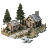 Rustic log cabins nestled in nature, surrounded by greenery and rocks in a peaceful outdoor setting, 3D Rustic Log Cabins Surrounded by Nature on transparent background png