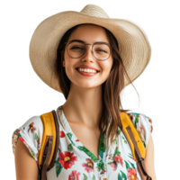 A cheerful woman wearing a straw hat enjoys her summer adventure while traveling with a backpack, a portrait photo of smiling woman in summer travel attire, isolated transparent background png