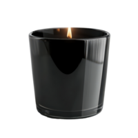 Elegant black glass candle burning softly on a transparent background adding warmth and ambiance to any space, Black glass candle isolated on transparent background png