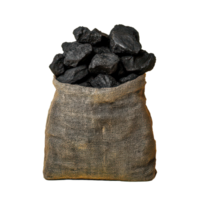 A burlap sack of coal resting on a yellow table against a bright transparent background, Bag Coal on Yellow Table. transparent background Background, transparent background. png