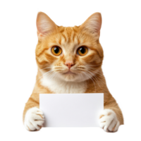 Adorable red cat holding an empty card against a clean transparent background, Adorable red cat with empty card on transparent background png