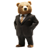 A bear dressed in a dark pinstripe suit and tie strikes a commanding pose, exuding confidence and authority, Authoritative Bear Boss in Business Attire On transparent background png