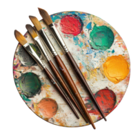 A colorful artist s palette with paintbrushes on a transparent background ready for creative expression, A Palette With Paintbrushes isolated on transparent background png