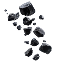 Black rocks levitate and fall against a clean transparent background, creating a dynamic floating display, black rocks falling levitating flying, isolated on transparent background png