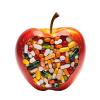A red apple hollowed out and filled with colorful pills against a transparent background showcasing a unique health concept, Apple hollowed out and filled with pills, transparent background. png
