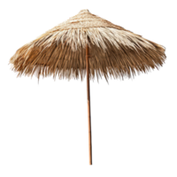 Straw beach umbrella standing alone on a transparent background, perfect for summer relaxation and shade, Beach straw umbrella isolated on transparent background png