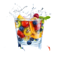 Refreshing fruit splash in a glass filled with vibrant berries and citrus, captured in bright sunlight, A glass juicy with fruits and splash clean water onisolated on transparent background png