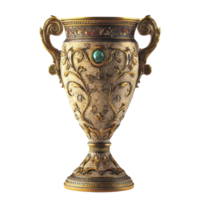 Ancient trophy with ornate design featuring intricate gold detailing and gemstone accents, Ancient Looking Trophy with Ornate Design and Gold Color, transparent background. png