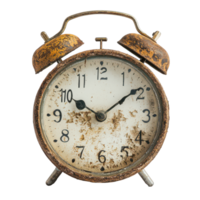 An old and dirty alarm clock resting on a transparent background, showcasing its weathered condition and rustic charm, an old and dirty alarm clock, transparent background. png