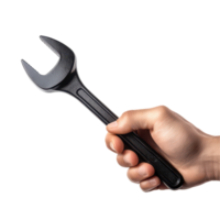A black hand gripping a wrench on a clean transparent background for mechanical work or repair tasks, Black Hand Holding Wrench on transparent background png