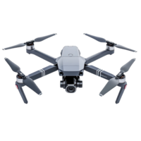 Aerial drone with four propellers ready for flight against a clean transparent background showcasing its sleek design, black and gray drone with propellers on a transparent background png