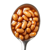 Baked beans served in a silver spoon on a clean transparent background for culinary presentation or food photography, Mung beans in wood spoon isolated on transparent background png