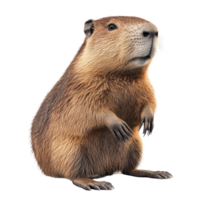 A curious capybara stands upright against a transparent background, showcasing its charming features and adorable demeanor, beaver, marmot, Capybara, transparent background. png