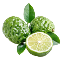Fresh bergamot limes with green leaves on a transparent background showcasing their vibrant and textured skin, Bergamot or Thai lime isolated on transparent background png