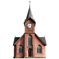 A historic church with a prominent clock tower and gothic architecture against a bright transparent background, A church with a large clock tower, transparent background. png