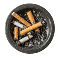 Used cigarettes and ash collected in an ashtray on a clean transparent background, ashtray with used cigarettes on isolated transparent background png