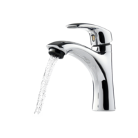 A modern faucet with clear water flowing, illuminated against a bright backdrop in a contemporary setting, a running faucet with water flowing out, transparent background. png