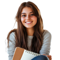 Bright and cheerful student with a beautiful smile holds a notebook, showcasing creativity and enthusiasm in her studies, Beautiful smile girl student with a notebook, transparent background. png