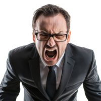 Frustrated businessman yelling passionately against a stark transparent background in an office setting, Angry Businessman Shouting on transparent background png