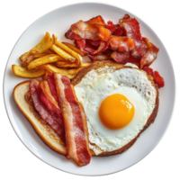 Enjoy a hearty breakfast featuring eggs, bacon, and crispy potatoes on a plate for a satisfying start to your day, Big Breakfast, with egg and bacon, transparent background. png