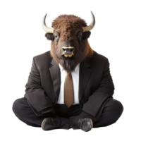 Bison wearing business attire sits confidently with a professional demeanor on a transparent background, Bison Leader in Business Attire on transparent background png