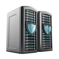 Cartoon illustration of secure data servers protected with shields on a transparent background, 3D Cartoon Secure Data Servers with Shields on transparent background png