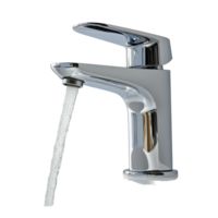 Water flowing from a modern faucet in a clean setting with minimalistic design and bright lighting, a running faucet with water flowing out, transparent background. png