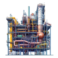 A detailed view of a large industrial factory filled with complex pipes and tubes in a modern manufacturing facility, a huge factory with many pipes and tubes in it, transparent background. png