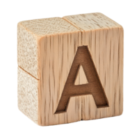 Wooden ABC block displaying the letter A on a clean transparent background for educational purposes, ABC Block with Letter A Isolated, transparent background. png