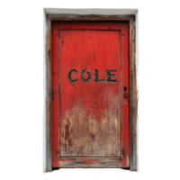 Abandoned red door with rusted letters Close in an old building, showcasing years of neglect and decay, Abandoned Door with the Word Close in Rust, transparent background. png