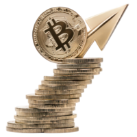 Bitcoin symbol and arrow positioned on a stack of gold coins indicating upward trend in cryptocurrency value, Bitcoin Arrow Riding atop Pile Physical Coins, transparent background. png