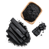 Activated charcoal and powder on a transparent background showcasing natural purification properties and versatility, Activated charcoal and powder isolated on transparent background png