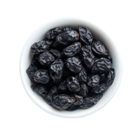 Black raisins in a bowl isolated on a clean transparent background perfect for culinary presentations or healthy snacks, Black raisin on bowlisolated on transparent background png