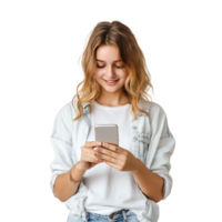 Young woman happily texting on her smartphone while standing against a transparent background in a casual setting, beautiful girl using cell phone isolated on , transparent background. png