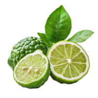 Fresh bergamot fruit with seeds and green leaves isolated on transparent background, showcasing natural textures and colors, bergamot or Thai lime with seeds isolated on transparent background png
