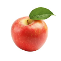 Fresh red apple with green leaf isolated on a pure transparent background for versatile culinary uses or decoration, apple with leaf isolated on transparent background png