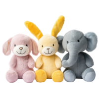 Assorted cute plush animal toys featuring a pink rabbit, yellow rabbit, and gray elephant, Assorted Cute Plush Animal Toys Rabbit, Elephant, Monkey on transparent background png
