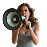 Chic brunette woman passionately shouting into a loudspeaker indoors during a rally or event, A Chic Brunette Lady Shouting into a Loudspeaker, transparent background. png