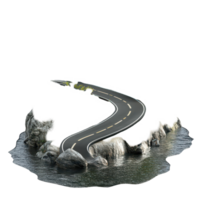 A unique floating road winds through a rocky island surrounded by calm water in a serene, 3D realistic a Floating Road on Rocky Island, isolated on transparent background Background png