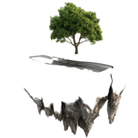 A unique floating road with a tree atop a rocky island creates a surreal landscape, 3D realistic a Floating Road with Tree on Rocky Island, isolated on transparent background Background png