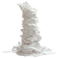 A towering sculpture of crumpled papers creating an artful display in a minimalistic setting, Artful Chaos A Tower Crumpled Papers, transparent background. png