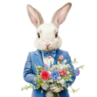 A charming rabbit dressed in a blue suit holds a bouquet of flowers in a delightful garden setting, a small rabbit with blue suit and flowers,, transparent background. png