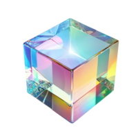 A crystal glass cube showcasing vibrant refraction and intricate holograph patterns under bright, 3d crystal glass bubble with refraction and holographic effect isolated on transparent background png