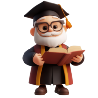 Scholar character wearing a graduation cap and gown, reading a book against a plain transparent background, 3D Scholar Character on transparent background png