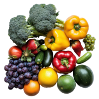 A vibrant assortment of fresh fruits and vegetables on a transparent background showcasing nature s bounty, Assorted fruits and vegetables on transparent background png