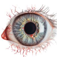 Detailed anatomical closeup of a human eye showcasing bloodshot capillaries and vibrant iris patterns, Anatomical Close up a Human Eye with Bloodshot Capillaries, transparent background. png