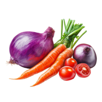 Fresh vegetables featuring red onions, carrots, and cherry tomatoes on a transparent background for culinary use, vegetable on transparent background png